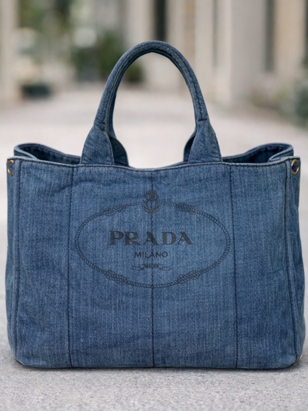 PRADA CANAPA LARGE DENIM TOTE AVIO BLUE LOGO BAG ITALY AUTHENTIC DUST BAG/CARD